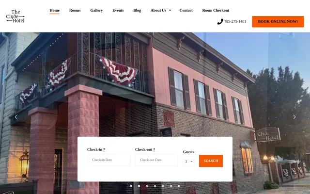 The Clyde Hotel home page with the historic hotel building and booking form