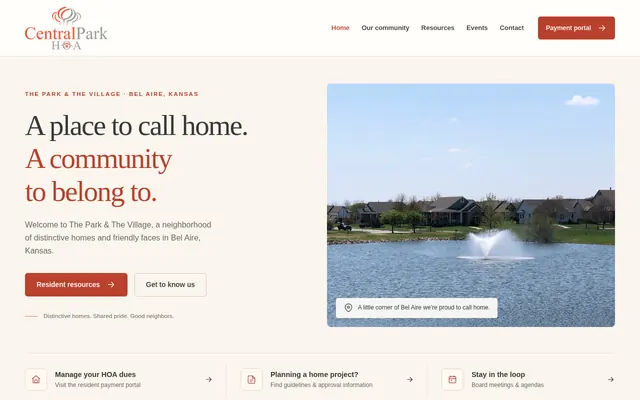 Bel Aire Central Park HOA public home page: neighborhood pond with fountain, Payment portal button in the header