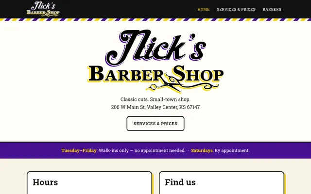 Nick's Barber Shop home page: classic cuts, small-town shop, 206 W Main St, Valley Center, KS